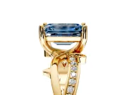 Solitaire Engagement Ring Setting for Fancy Blue Emerald Cut Center with Pave and Plain Crossover Band and Prong Head in Yellow Gold