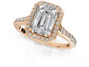 Halo Engagement Ring Setting for Emerald Cut Center with Pave Accents, Heart Basket and Prong Head in Rose Gold