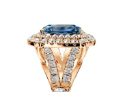 Double Halo Engagement Ring Setting for Fancy Blue Emerald Cut Center with Narrow Pave Split Shank and Prong Head in Rose Gold