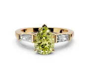 3 Stone Engagement Ring Setting for Fancy Yellow Pear-Shaped Center with Tapered Baguettes, Plain Band and Prong Head in Yellow Gold