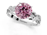 Leaf Engagement Ring Setting for Fancy Pink Round Cut Center with Milgrain Accent Band and Prong Head in White Gold