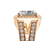 Halo Engagement Ring Setting for Radiant Cut Center with Milgrain Split Shank and Prong Head in Rose Gold