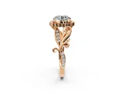 Halo Engagement Ring Setting for Round Cut Center with Leaf Motif Split Shank and Prong Head in Rose Gold