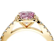 Halo Engagement Ring Setting for Fancy Pink Cushion Cut Center with Full Pave Band and Prong Head in Yellow Gold
