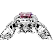 Milgrain Halo Engagement Ring Setting for Fancy Pink Emerald Cut Center with Shoulder Bezels and Prong Head in White Gold