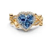 Halo Engagement Ring Setting for Fancy Blue Heart-Shaped Center with Leaf Motif Split Shank and Prong Head in Yellow Gold