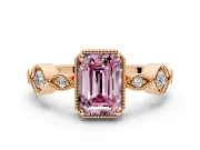 Vintage Station Engagement Ring Setting for Fancy Pink Emerald Cut Center with Accents and Prong Head in Rose Gold