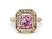 Halo Engagement Ring Setting for Fancy Pink Radiant Cut Center with Milgrain Frame, Pave Band and Prong Head in Yellow Gold