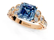 Cluster Engagement Ring Setting for Fancy Blue Asscher Cut Center with Bezel Accent Clusters and Prong Head in Rose Gold