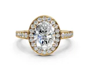 Bezel-Framed Halo Engagement Ring Setting for Oval Center with Pave Band and Prong Head in Yellow Gold