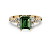 Paired Accent Engagement Ring Setting for Fancy Green Emerald Cut Center with Pave Band and Prong Head in Yellow Gold