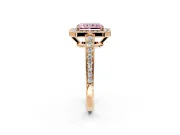 Bezel-Framed Halo Engagement Ring Setting for Fancy Pink Radiant Cut Center with Pave Band and Prong Head in Rose Gold