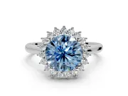Starburst Halo Engagement Ring Setting for Fancy Blue Round Cut Center with Thin Round-Wire Band and Prong Head in White Gold