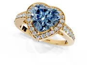 Bezel-Framed Halo Engagement Ring Setting for Fancy Blue Heart-Shaped Center with Pave Band and Prong Head in Yellow Gold