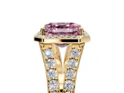 Halo Engagement Ring Setting for Fancy Pink Asscher Cut Center with Narrow Pave Split Shank and Prong Head in Yellow Gold