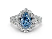 Halo Engagement Ring Setting for Fancy Blue Pear-Shaped Center with Two-Strand Split Shank and Prong Head in Sterling Silver