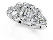 Cluster Engagement Ring Setting for Emerald Cut Center with Round Cut Accent Frame and Prong Head in White Gold