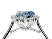 Starburst Halo Engagement Ring Setting for Fancy Blue Heart-Shaped Center with Thin Round-Wire Band and Prong Head in Platinum