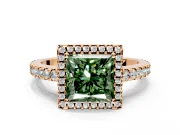 Accent Halo Engagement Ring Setting for Fancy Green Princess Cut Center with Full-Length Pave Band and Prong Head in Rose Gold