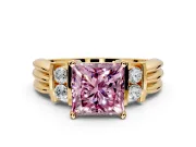 Solitaire Engagement Ring Setting for Fancy Pink Princess Cut Center with Grooved Bar Accent Band and Prong Head in Yellow Gold