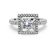 Accent Halo Engagement Ring Setting for Princess Cut Center with Full-Length Pave Band and Prong Head in Sterling Silver