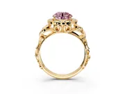 Halo Engagement Ring Setting for Fancy Pink Round Cut Center with Open Scroll Shoulders and Prong Head in Yellow Gold