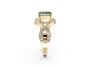 Halo Engagement Ring Setting for Fancy Green Radiant Cut Center with Pave Infinity Twist Band and Prong Head in Yellow Gold