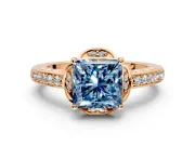 Floral Engagement Ring Setting for Fancy Blue Princess Cut Center with Four Accent Clusters and Prong Head in Rose Gold
