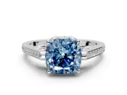 Cathedral Engagement Ring Setting for Fancy Blue Cushion Cut Center with Antique-Style Pave Band and Prong Head in Platinum