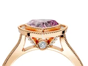 Halo Engagement Ring Setting for Fancy Pink Heart-Shaped Center with Milgrain Pave Band and Bezel Head in Rose Gold