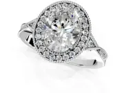 Halo Engagement Ring Setting for Oval Center with Milgrain Rim, Pave Band and Prong Head in Sterling Silver