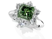 Small-Accent Cluster Halo Engagement Ring Setting for Fancy Green Princess Cut Center with Plain Band and Prong Head in Platinum
