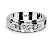 Round Cut Lab-Grown Diamond 7 Stone Channel Men's Wedding Band with Grooved Borders in Sterling Silver
