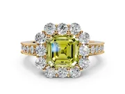 Halo Engagement Ring Setting for Fancy Yellow Asscher Cut Center with Milgrain Channel Band and Prong Head in Yellow Gold