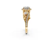 Milgrain Halo Engagement Ring Setting for Cushion Cut Center with Shoulder Bezels and Prong Head in Yellow Gold