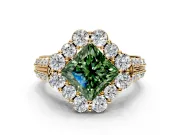 Large Accent Halo Engagement Ring Setting for Fancy Green Princess Cut Center with Pave Split Shank and Prong Head in Yellow Gold