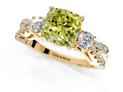 3 Stone Engagement Ring Setting for Fancy Yellow Cushion Cut Center with Pave Split Shank and Prong Head in Yellow Gold