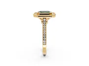 Halo Engagement Ring Setting for Fancy Green Asscher Cut Center with Milgrain Frame, Pave Band and Prong Head in Yellow Gold