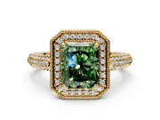 Milgrain Halo Engagement Ring Setting for Fancy Green Radiant Cut Center with Three-Sided Pave Band and Prong Head in Yellow Gold