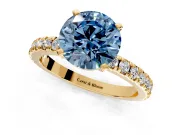 Solitaire Engagement Ring Setting for Fancy Blue Round Cut Center with Fine Pave Band and Claw Prong Head in Yellow Gold