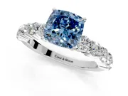 Shared-Prong Engagement Ring Setting for Fancy Blue Cushion Cut Center with Graduated Accents and Prong Head in Platinum