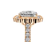 Milgrain Floral Halo Engagement Ring Setting for Radiant Cut Center with Pave Band and Prong Head in Rose Gold