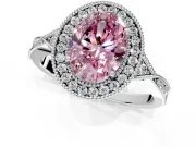 Halo Engagement Ring Setting for Fancy Pink Oval Center with Milgrain Rim, Pave Band and Prong Head in Platinum