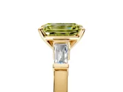 3 Stone Engagement Ring Setting for Fancy Yellow Emerald Cut Center with Channel Baguette Accents and Prong Head in Yellow Gold