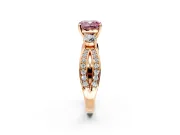 3 Stone Engagement Ring Setting for Fancy Pink Cushion Cut Center with Pave Twist Band and Prong Head in Rose Gold