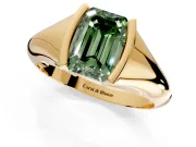 Tension Engagement Ring Setting for Fancy Green Emerald Cut Center with Wide Tapered Band and Tension Head in Yellow Gold