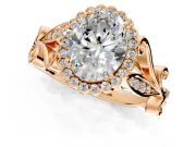 Halo Engagement Ring Setting for Oval Center with Leaf Motif Split Shank and Prong Head in Rose Gold