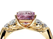 Cluster Engagement Ring Setting for Fancy Pink Princess Cut Center with Round Cut Accent Frame and Prong Head in Yellow Gold