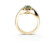 Bezel-Framed Halo Engagement Ring Setting for Fancy Green Oval Center with Pave Band and Prong Head in Yellow Gold