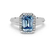 Halo Engagement Ring Setting for Fancy Blue Emerald Cut Center with Knife Ridge Cathedral Band and Prong Head in White Gold